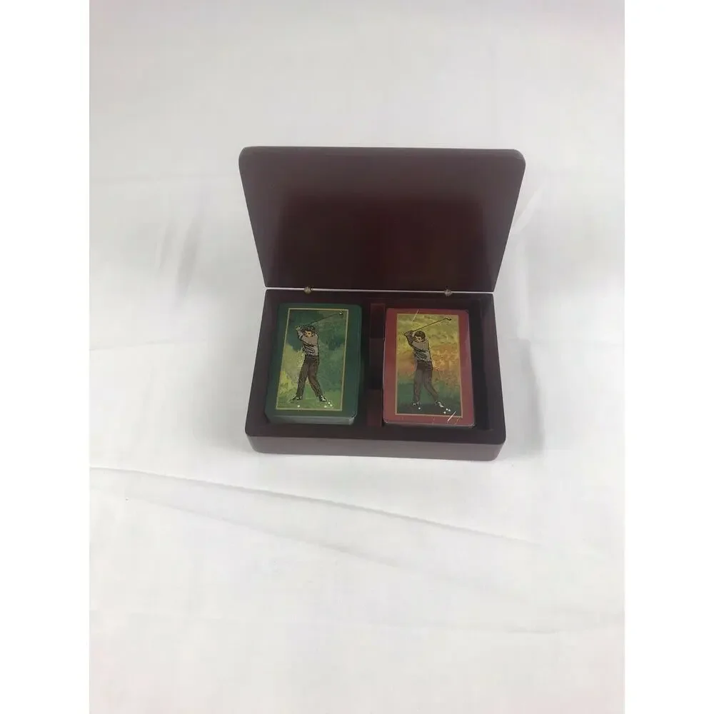 1990's Wooden Golf Playing Card Box With Golf Motif Face And 2 Decks Of Golf ...